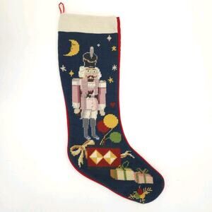 Vtg Christmas Needlepoint Stocking Nutcracker Toy Soldier Pink Velvet Wool 19"L